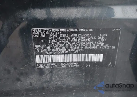 2012 Toyota Rav4 z USA, uszkodzony, nr VIN 2T3BF4DV4CW178112